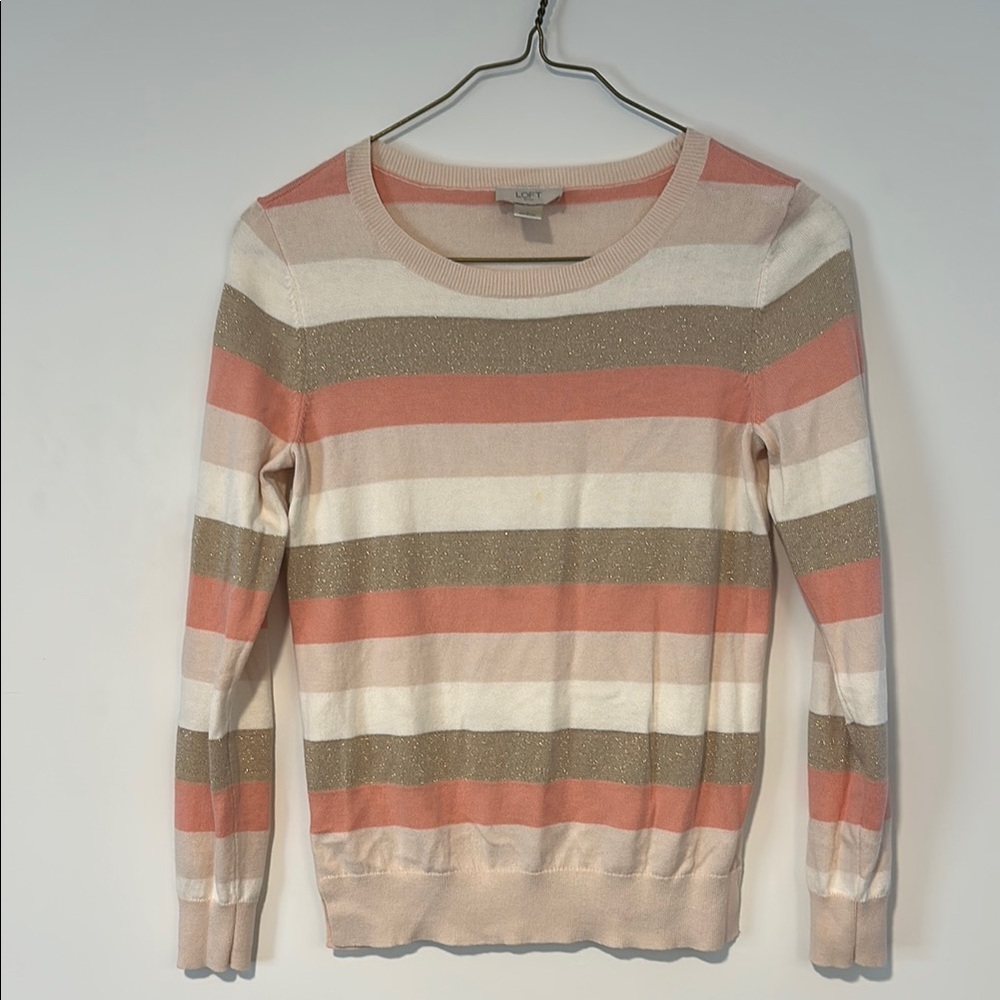 LOFT Pink and White Crew Neck Sweater with Stripes